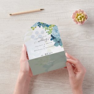 Budget Dusty Blue Floral Wedding All In One Invitation