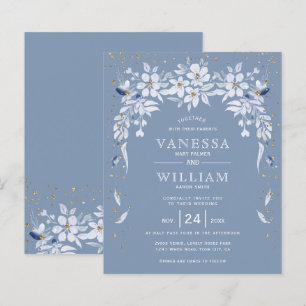 BUDGET dusty blue floral wedding invitation       