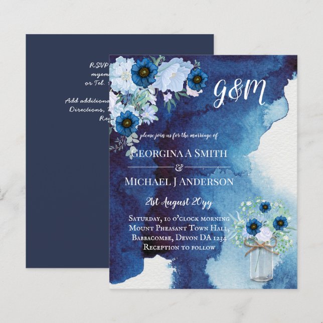 BUDGET Dusty Blue Floral Wedding Invite (Front/Back)