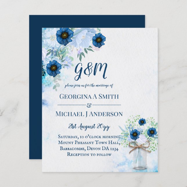 BUDGET Dusty Blue Floral Wedding Invite (Front/Back)