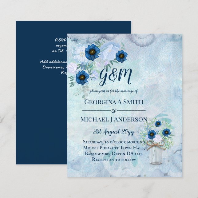 BUDGET Dusty Blue Floral Wedding Invite (Front/Back)
