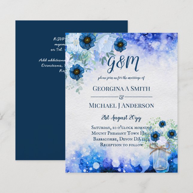 BUDGET Dusty Blue Floral Wedding Invite (Front/Back)