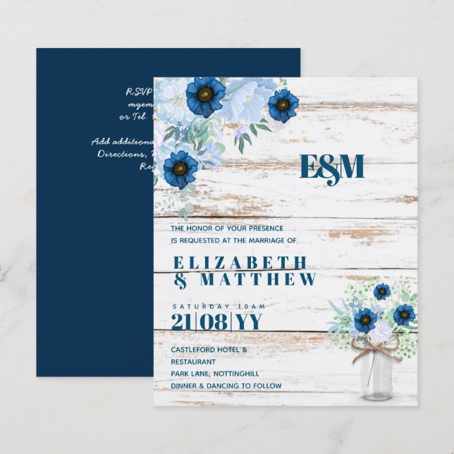 BUDGET Dusty Blue Floral Wedding Invites (Front/Back)