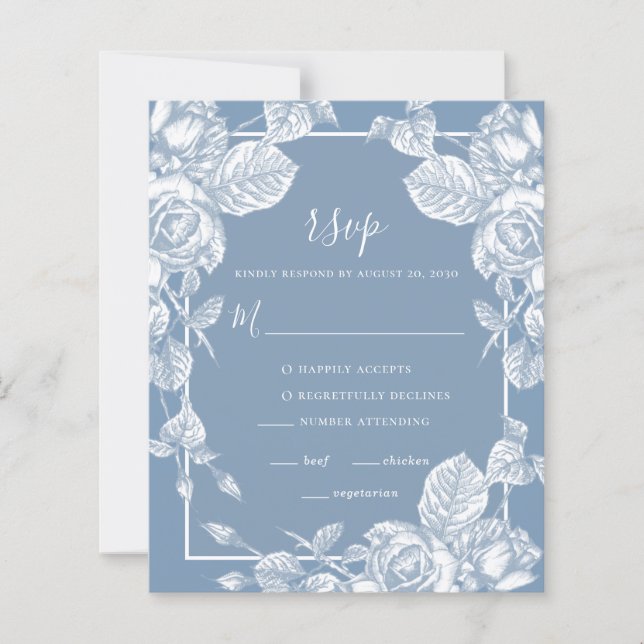 Budget Dusty Blue Floral Wedding RSVP Card (Front)