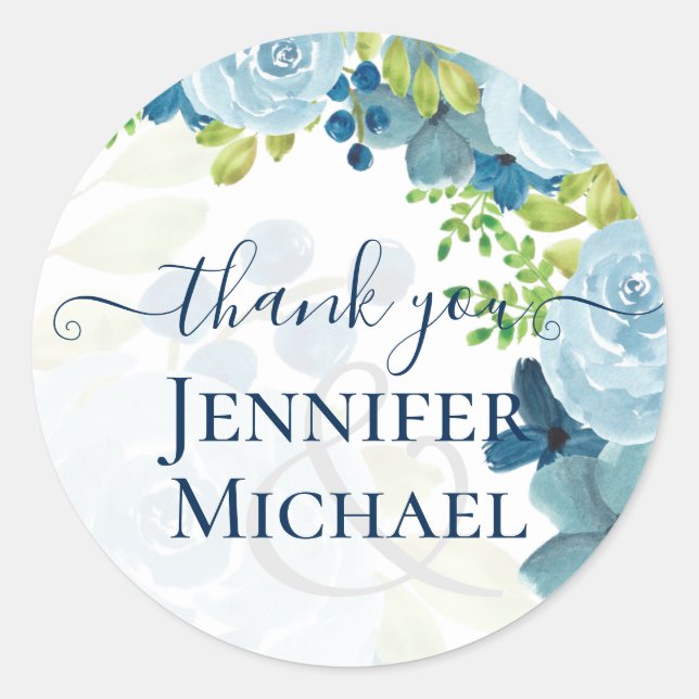 Budget Dusty Blue Flowers Sage Wedding Classic Round Sticker (Front)