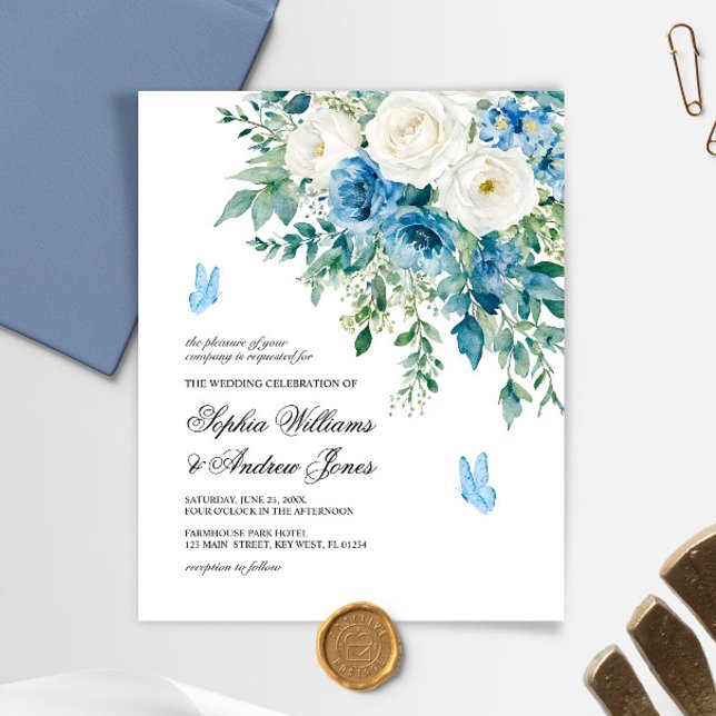 Budget Dusty Blue Flowers Wedding Invitation (Creator Uploaded)