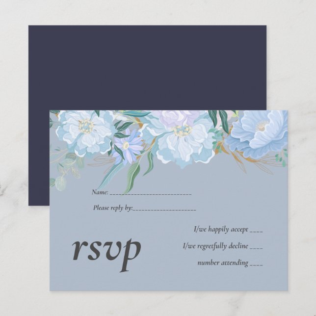 Budget DUSTY BLUE Foliage Wedding RSVP Invitation Postcard (Front/Back)