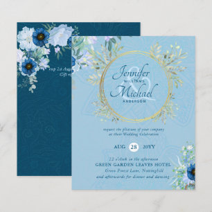 BUDGET Dusty Blue Gold Floral Wedding Invite
