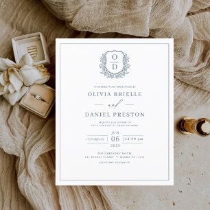Budget Dusty Blue Monogram Wedding Invitation