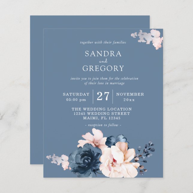 Budget Dusty Blue, Pale Pink Floral Wedding Flyer (Front/Back)