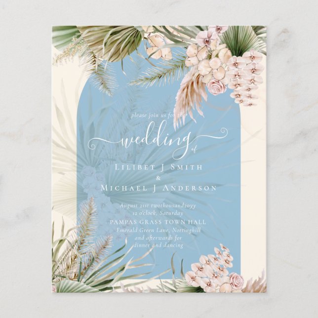 BUDGET Dusty Blue Peach Pampas Grass Wedding Flyer (Front)