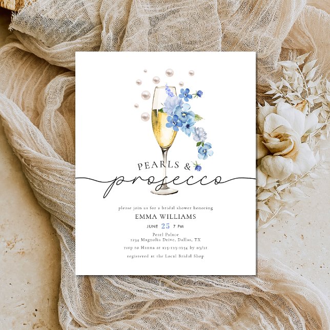 BUDGET Dusty Blue Pearls & Prosecco Bridal Shower Flyer (Creator Uploaded)