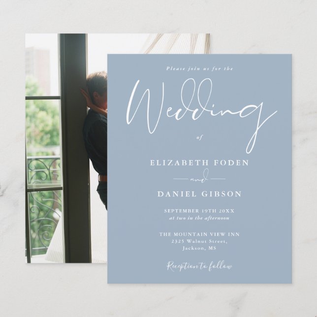 Budget Dusty Blue Photo Wedding Invitation (Front/Back)