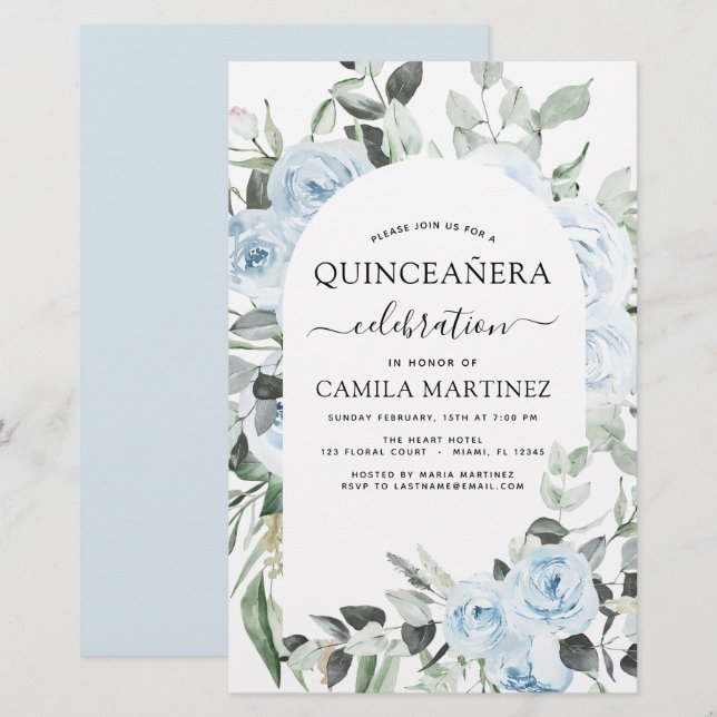 Budget Dusty Blue Quinceañera Floral Invitation (Front/Back)