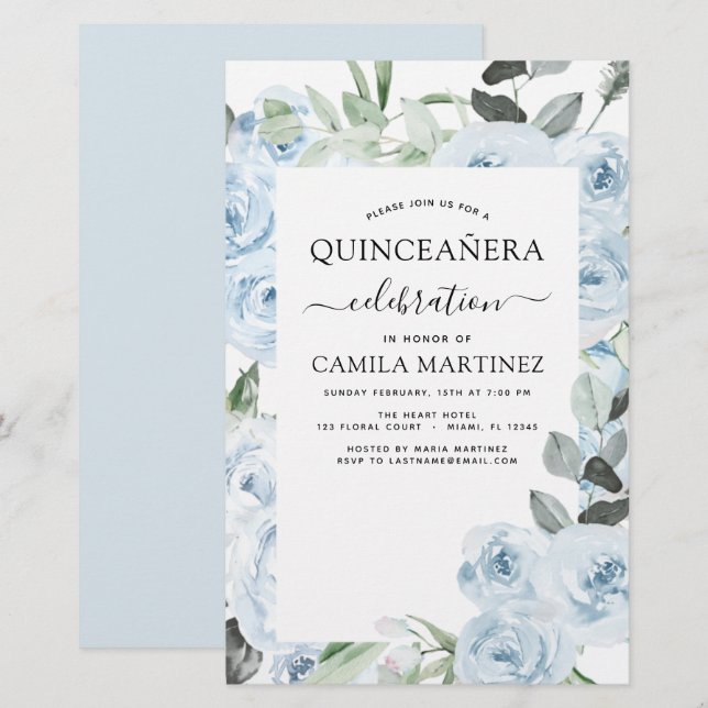 Budget Dusty Blue Quinceañera Floral Invitation (Front/Back)