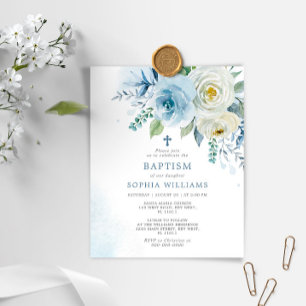Budget Dusty Blue Rose Floral Baptism Invitation