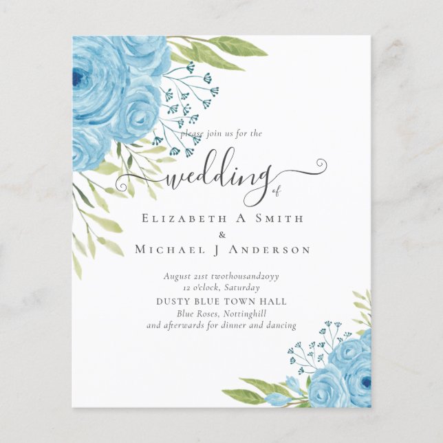BUDGET  Dusty Blue Roses Wedding Budget Flyer (Front)