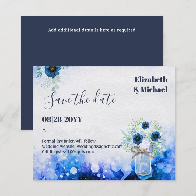BUDGET Dusty Blue Save Dates Monochromatic Wedding (Front/Back)