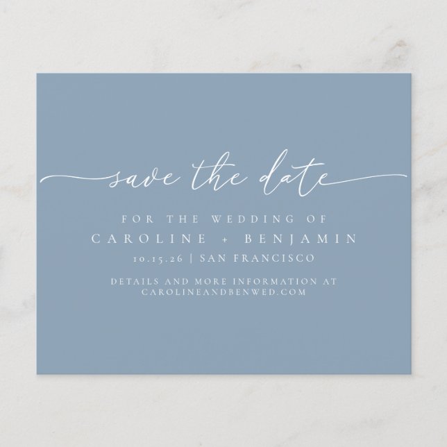 Budget Dusty Blue Script Wedding Save Date (Front)