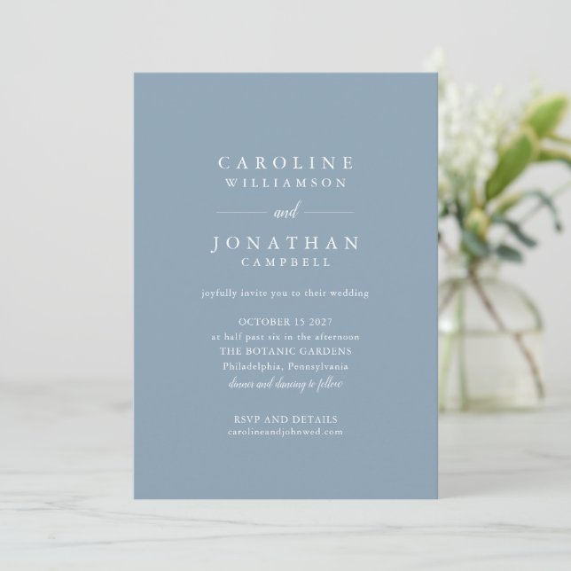 Budget Dusty Blue Serif Minimalist Wedding Invite (Standing Front)