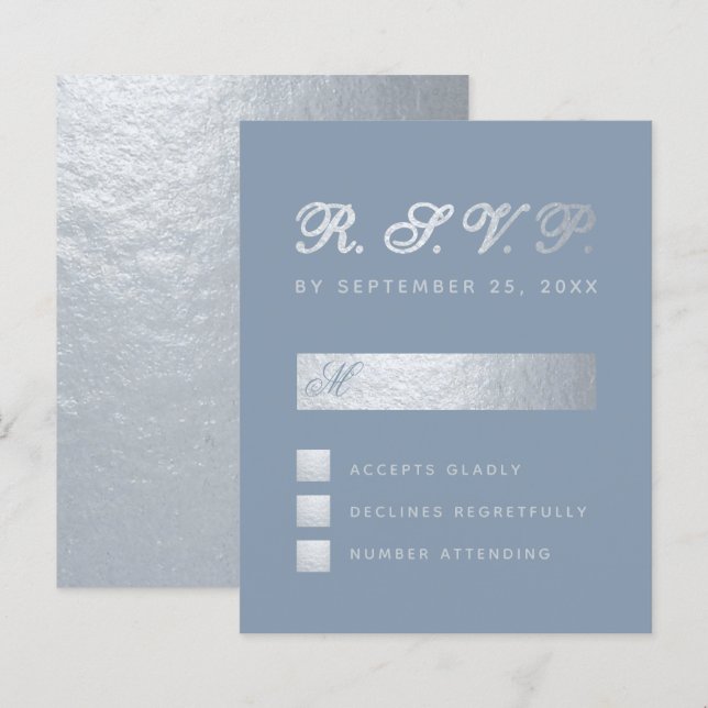 Budget Dusty Blue Silver Calligraphy Wedding RSVP (Front/Back)