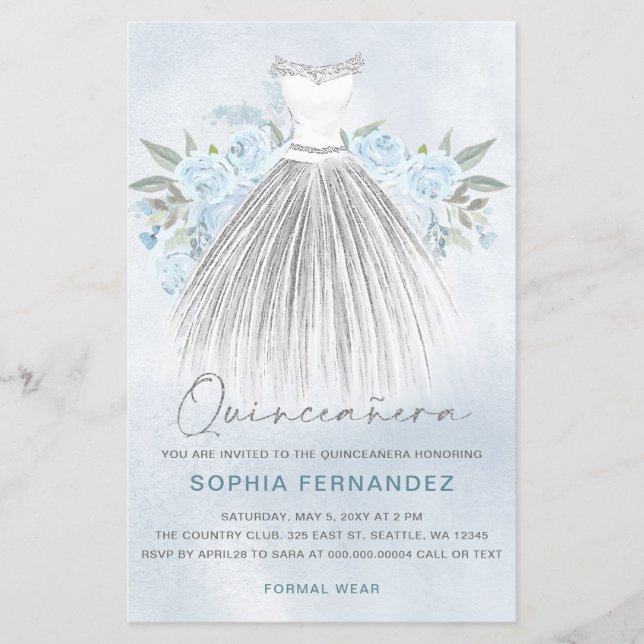 Budget Dusty Blue Silver Dress Quinceañera Invite (Front)