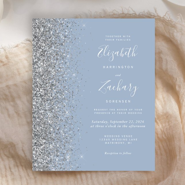 Budget Dusty Blue Silver Glitter Wedding Invite (Creator Uploaded)