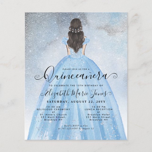 Budget Dusty Blue Silver Princess Quinceañera Card (Front)