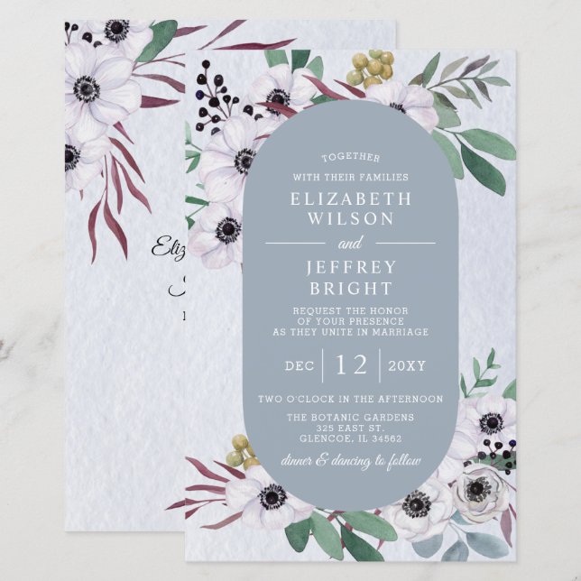 Budget Dusty Blue White Floral Wedding Invitation (Front/Back)