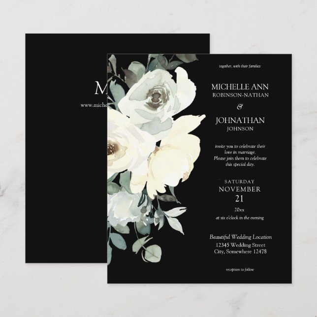 Budget Dusty Blue & White on Black Floral Wedding (Front/Back)