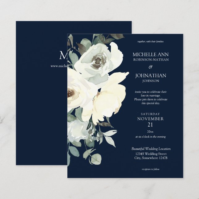 Budget Dusty Blue & White on Navy Floral Wedding (Front/Back)