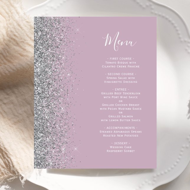 Budget Dusty Lilac Silver Glitter Wedding Menu (Creator Uploaded)