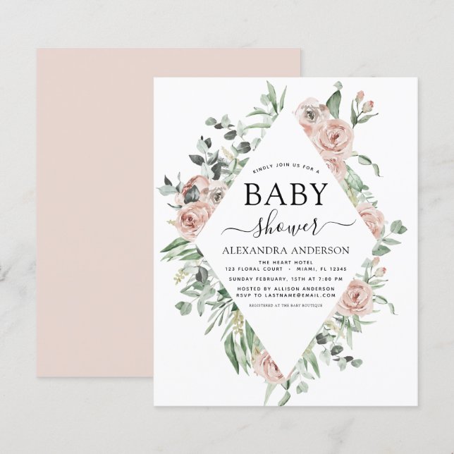 Budget Dusty Pink Baby Shower Floral Invitation (Front/Back)