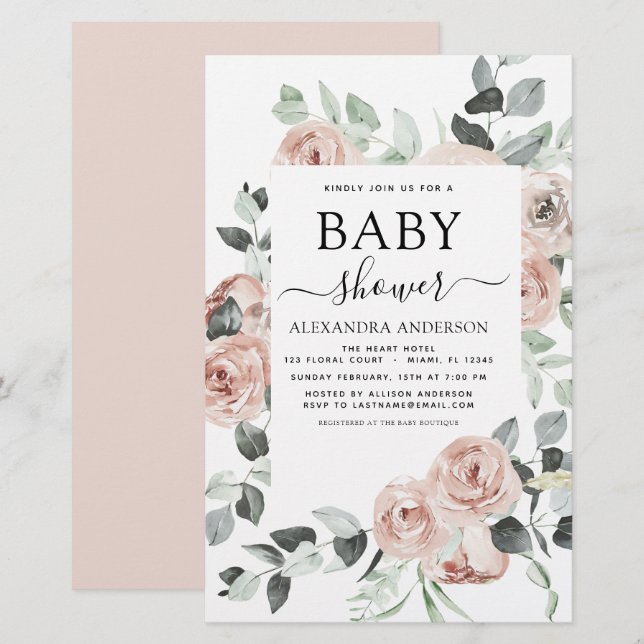 Budget Dusty Pink Baby Shower Floral Invitation (Front/Back)