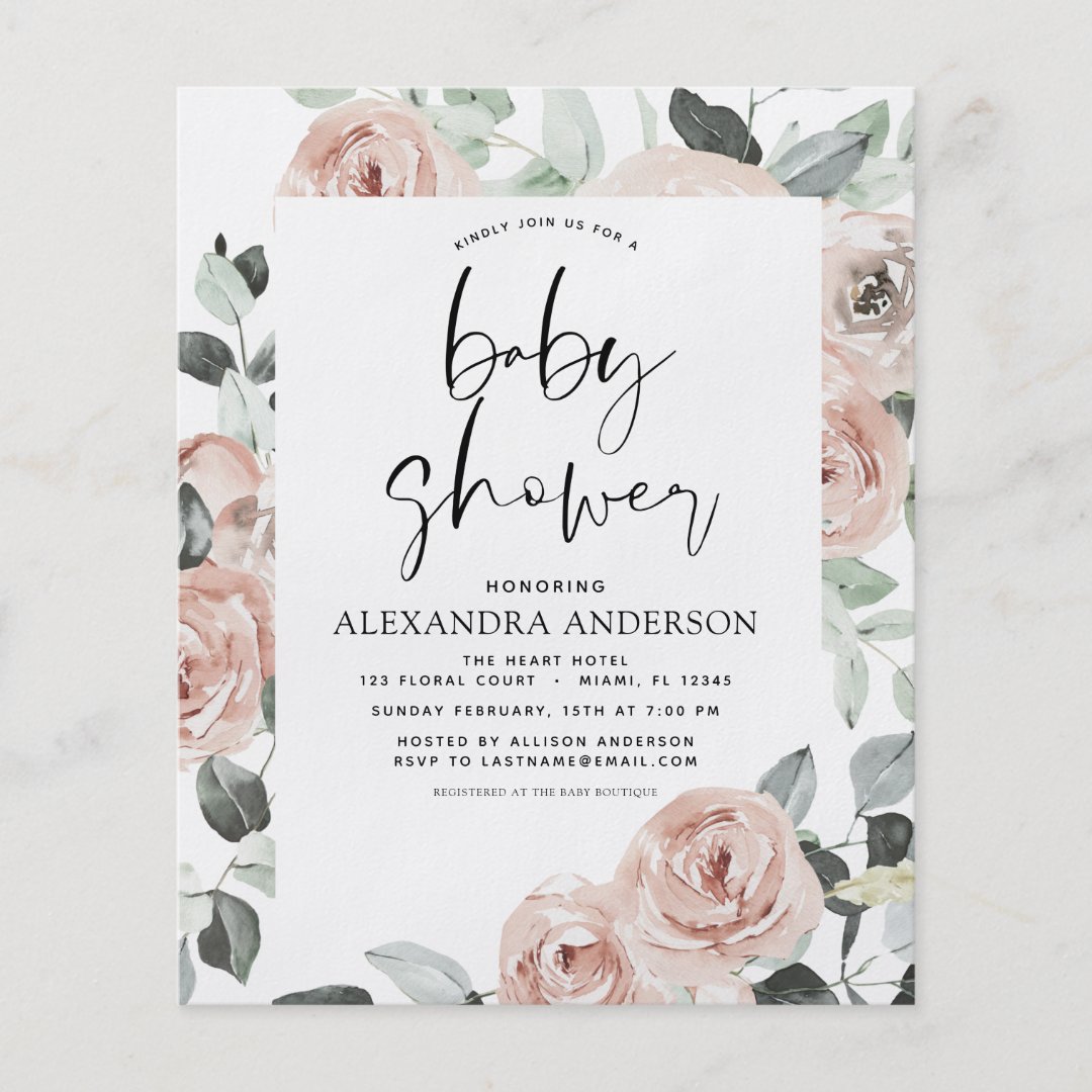 Budget Dusty Pink Baby Shower Floral Invitation Fl Flyer | Zazzle