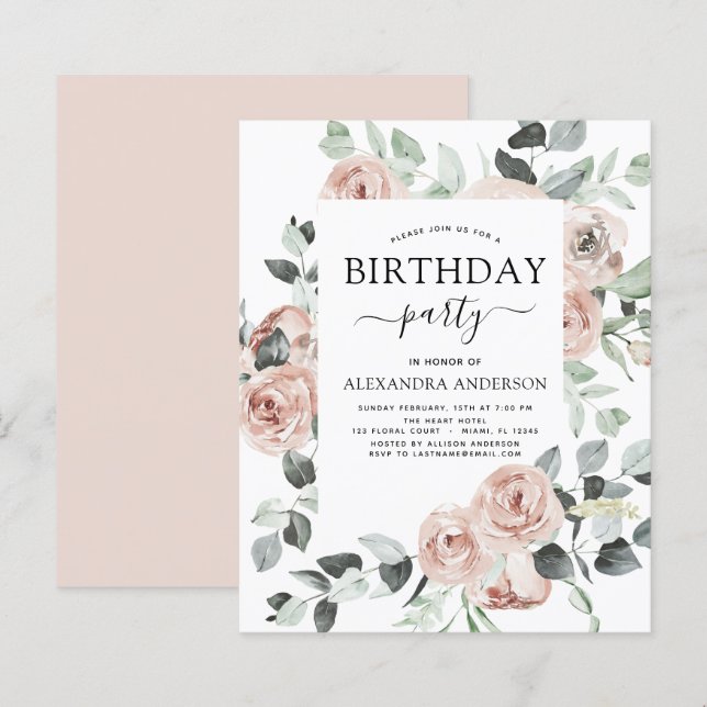 Budget Dusty Pink Birthday Party Floral Invitation (Front/Back)