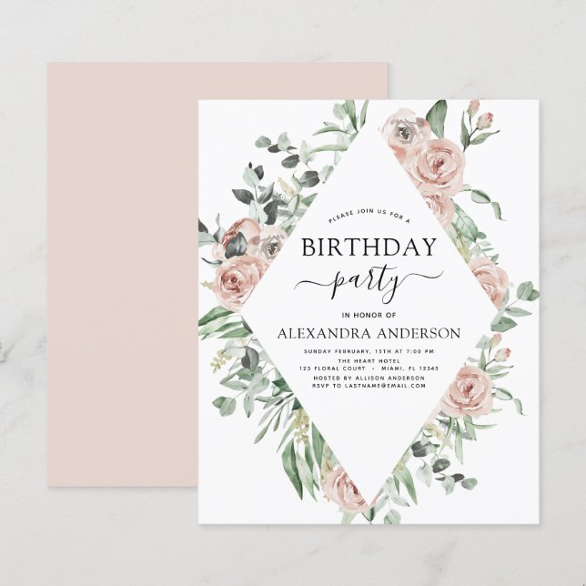 Budget Dusty Pink Birthday Party Floral Invitation (Front/Back)