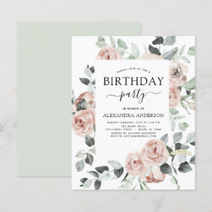 Budget Dusty Pink Birthday Party Floral Invitation