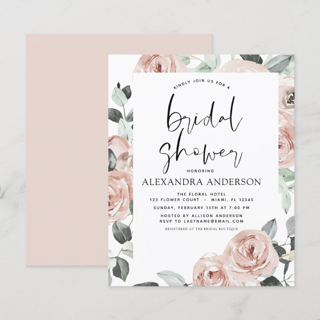 Budget Dusty Pink Bridal Shower Floral Invitation (Front/Back)