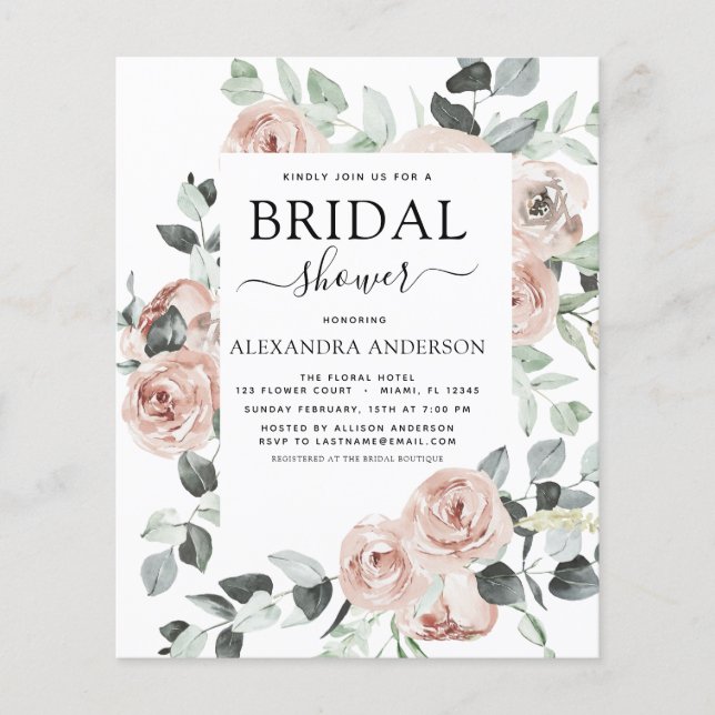 Budget Dusty Pink Bridal Shower Floral Invitation Flyer (Front)