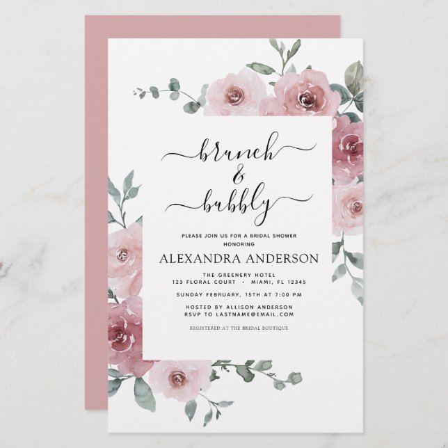 Budget Dusty Pink Brunch & Bubbly Bridal Shower (Front/Back)