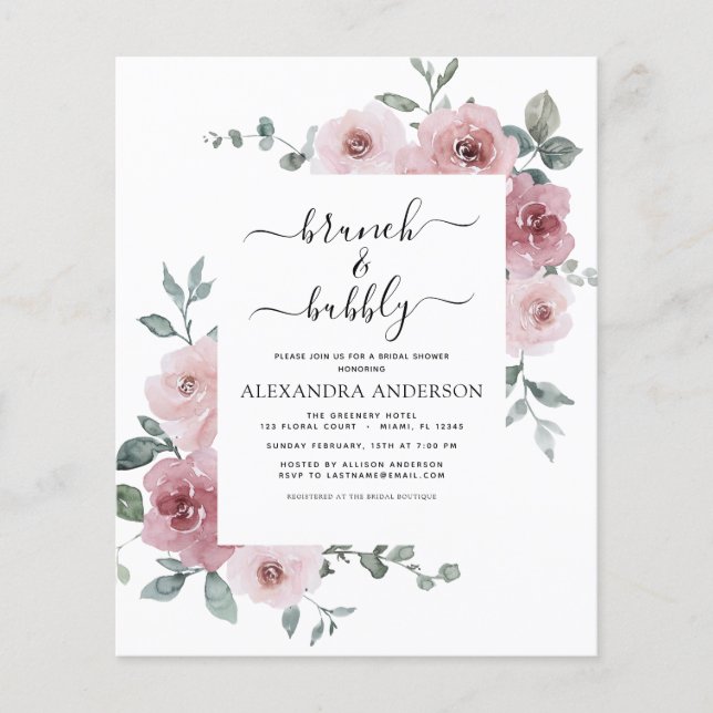 Budget Dusty Pink Brunch & Bubbly Bridal Shower Flyer (Front)