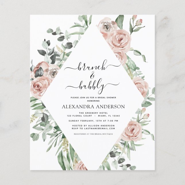 Budget Dusty Pink Brunch & Bubbly Bridal Shower Flyer (Front)
