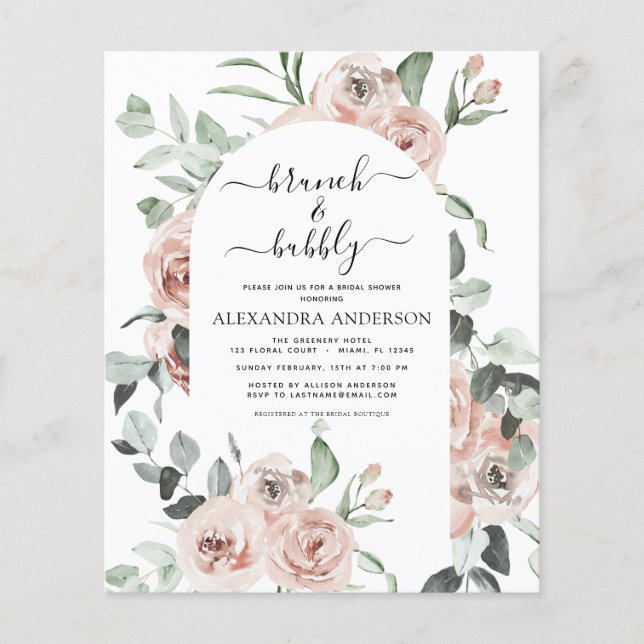Budget Dusty Pink Brunch & Bubbly Bridal Shower Flyer (Front)