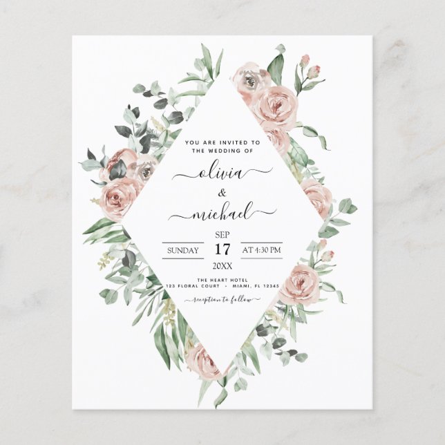 Budget Dusty Pink Eucalyptus Wedding Invitation Flyer (Front)