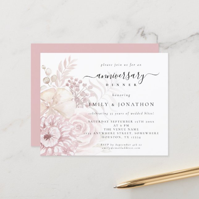 Budget Dusty Pink Floral Anniversary Dinner Invite (Front/Back In Situ)