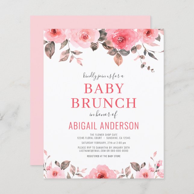 Budget Dusty Pink Floral Baby Brunch Invitation  (Front/Back)