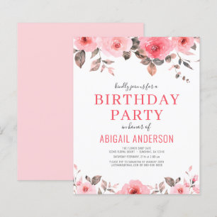 Budget Dusty Pink Floral Birthday Party Invitation
