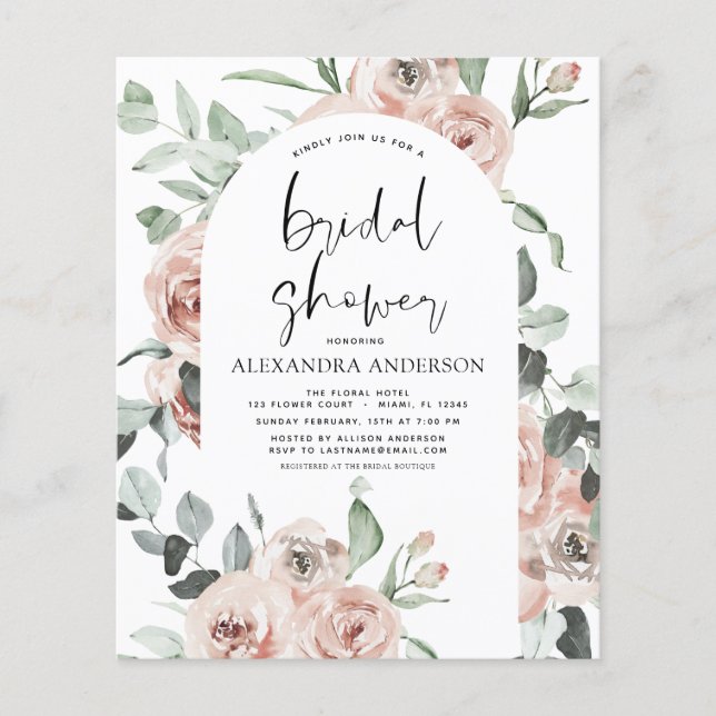 Budget Dusty Pink Floral Bridal Shower Invitation Flyer (Front)