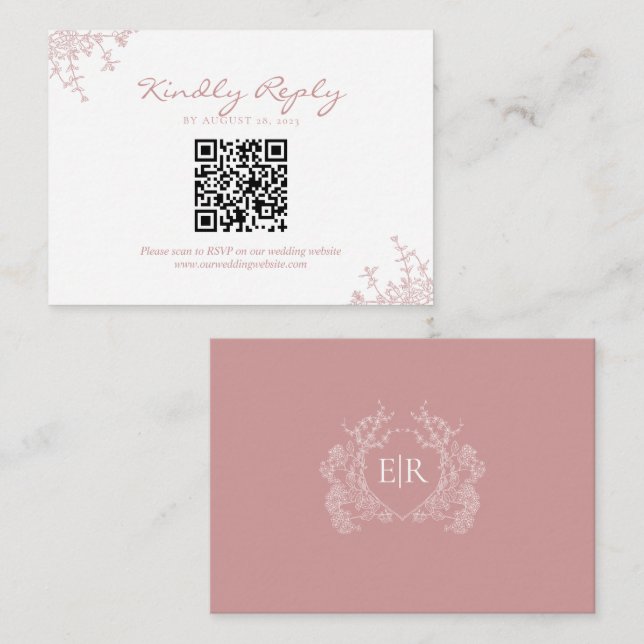 Budget Dusty Pink Floral Crest QR Code Wedding Enclosure Card (Front/Back)